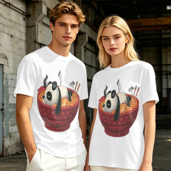 Olive green t-shirt with a panda relaxing in a steaming ramen bowl print