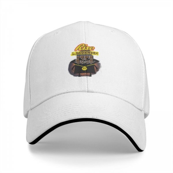 Black baseball cap with Rise Darkness block figure graphic