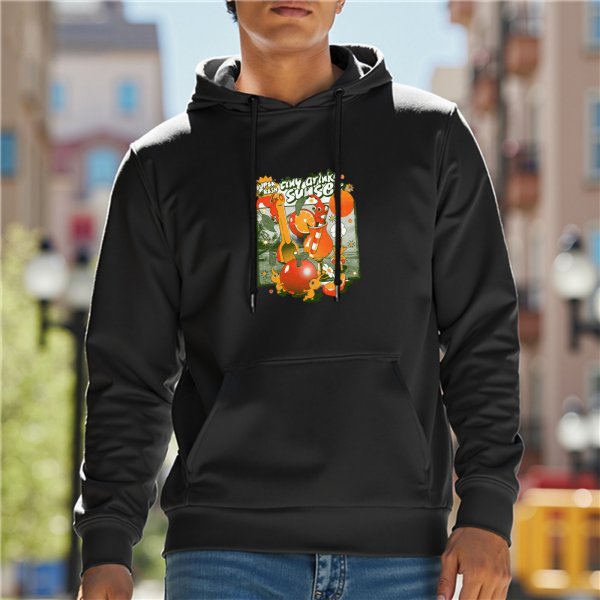 Black hoodie with citrus fruit and whimsical graphic print