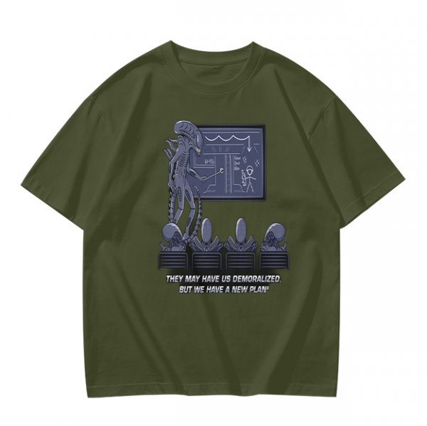 Olive green t-shirt with alien teaching plan graphic and funny text