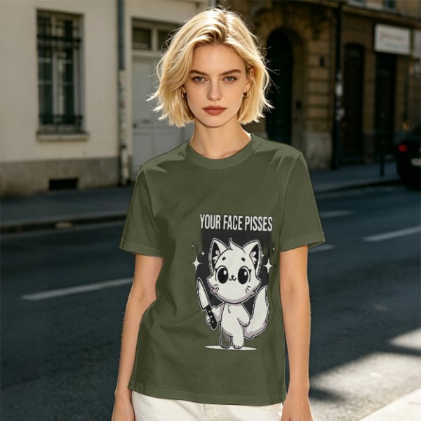 Olive graphic t-shirt with angry cartoon cat holding knife