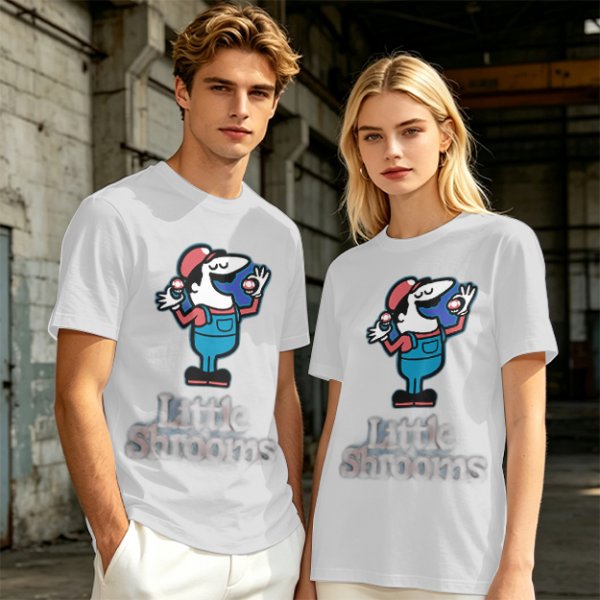 Olive T-shirt with Cartoon Character Holding Mushrooms Print