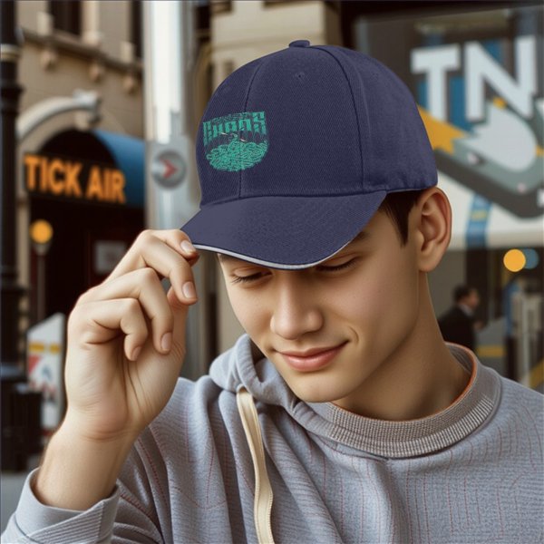Black baseball cap with teal snake and text graphic