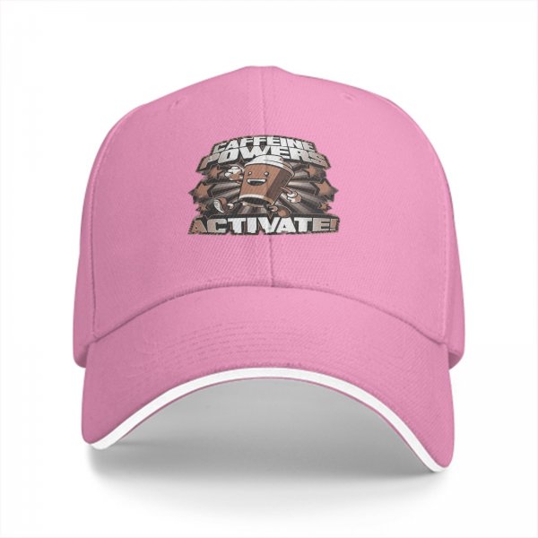 Black baseball cap with 'Caffeine Powers Activate!' coffee graphic