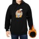 Black hoodie with cartoon dog holding coffee on fire graphic