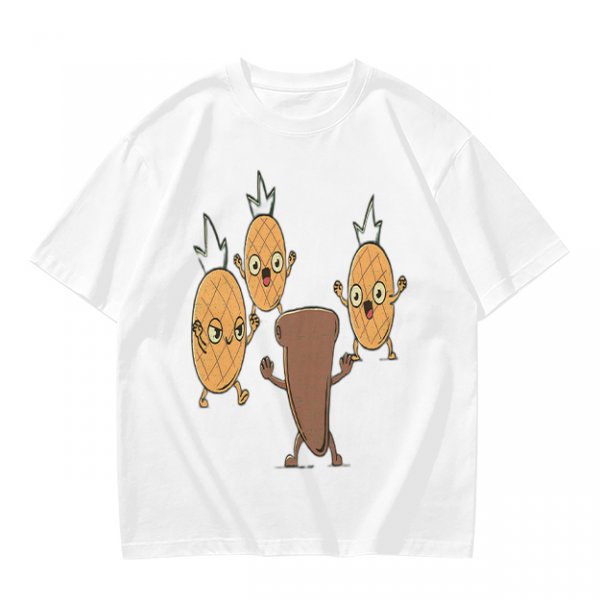 Olive T-Shirt With Cartoon Pineapples And Brown Character Graphic
