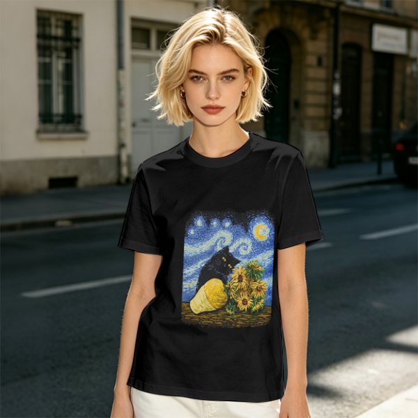 Olive T-Shirt with Starry Night Cat and Sunflowers Art Print