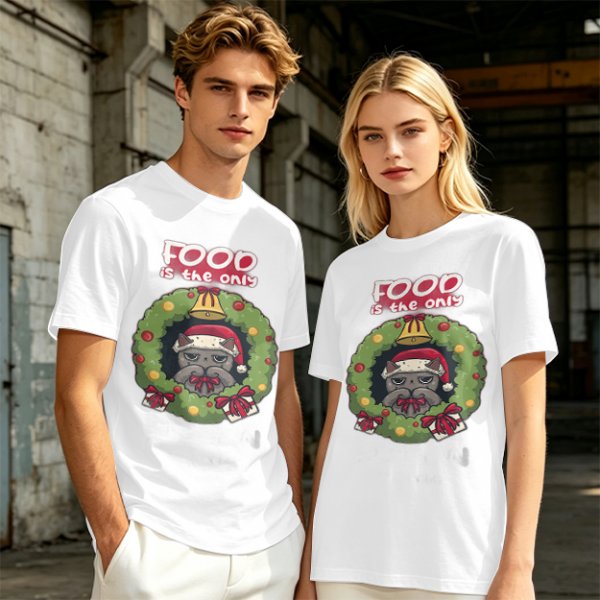 Food is the only Christmas grumpy cat wreath graphic tee