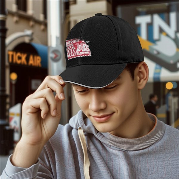Black Baseball Cap With Support Your Local Pizza Dealer Print