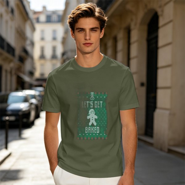 Olive Christmas T-Shirt With 'Let's Get Baked' Gingerbread Man Print