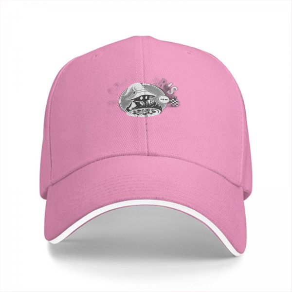 Black baseball cap with wizard pizza graphic print