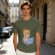 Olive T-Shirt With Cute Orange Cat Working On Laptop Print