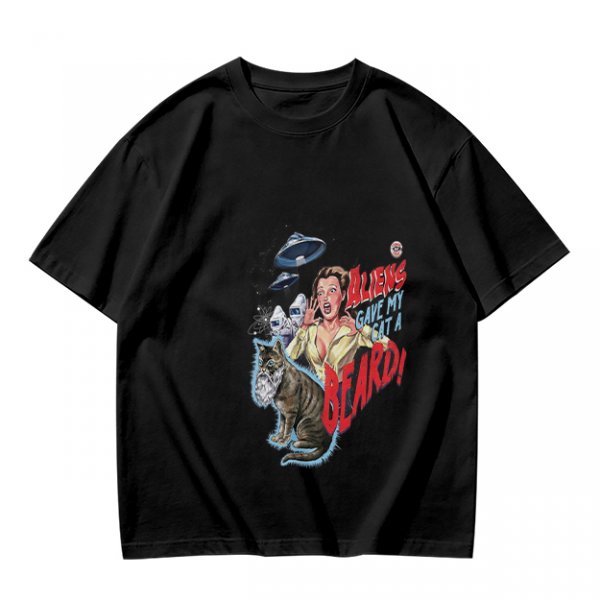 Olive Graphic T-Shirt With Aliens Give My Cat A Beard Print
