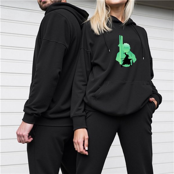 Black Hoodie With Green Samurai Silhouette Graphic