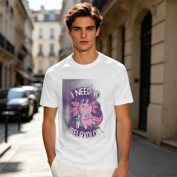 Olive t-shirt with axolotl 'I need to relaxolotl' graphic