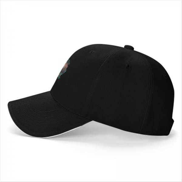 Black baseball cap with forest spirit creature graphic print