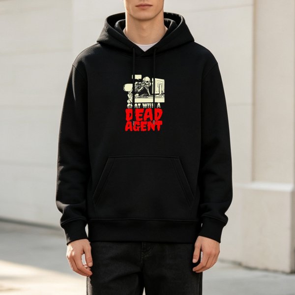 Black hoodie with 'Chat With A Dead Agent' skeleton graphic