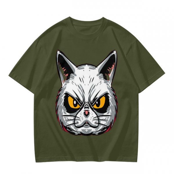 Olive T-Shirt With Angry White Cat Face Graphic