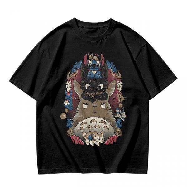 Olive T-Shirt with Stacked Anime Character Totem Print