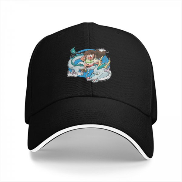 Black Baseball Cap With Spirited Away Chihiro And Haku Dragon Print