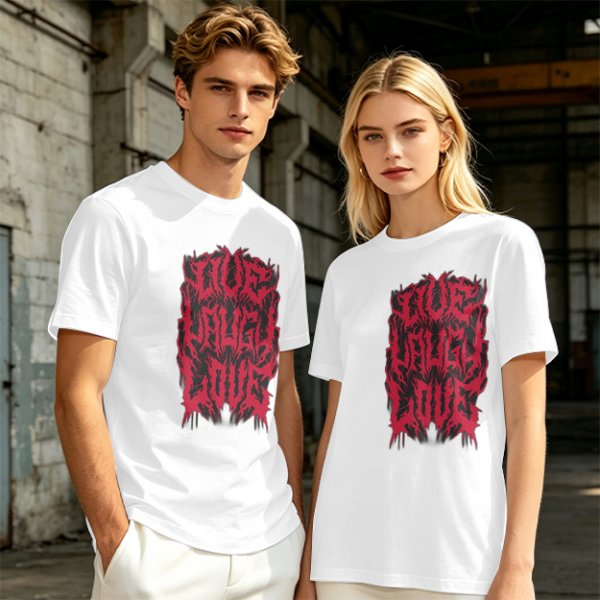 Olive green graphic t-shirt with dark metal style Live Laugh Love print