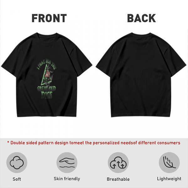 Olive t-shirt with 'Pray for the Great Old Dice' cosmic horror print