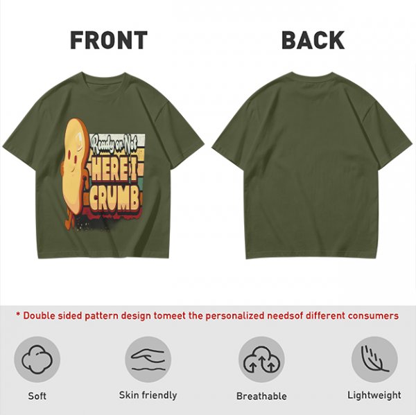 Olive graphic tee with playful bread character and 'Ready or Not Here I Crumb' text