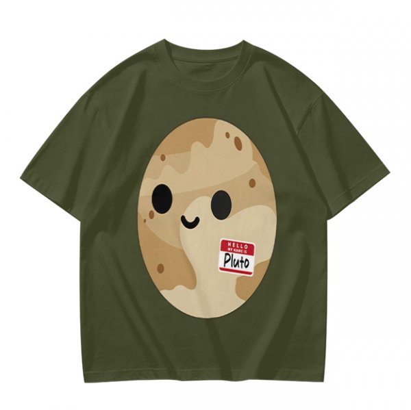 Olive T-Shirt With Cute Pluto Potato Character Graphic