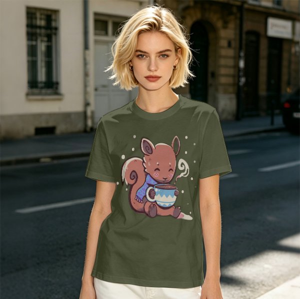 Olive T-Shirt With Cute Squirrel Holding Hot Drink Winter Art