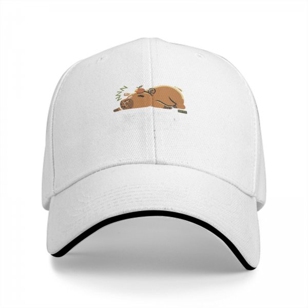 Black baseball cap with a sleeping capybara graphic