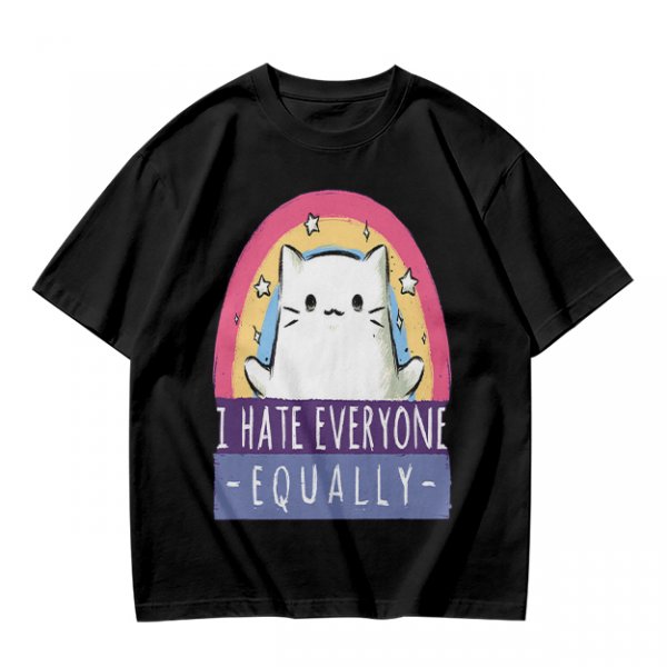 Olive graphic t-shirt with a white cat and 'I hate everyone equally' print