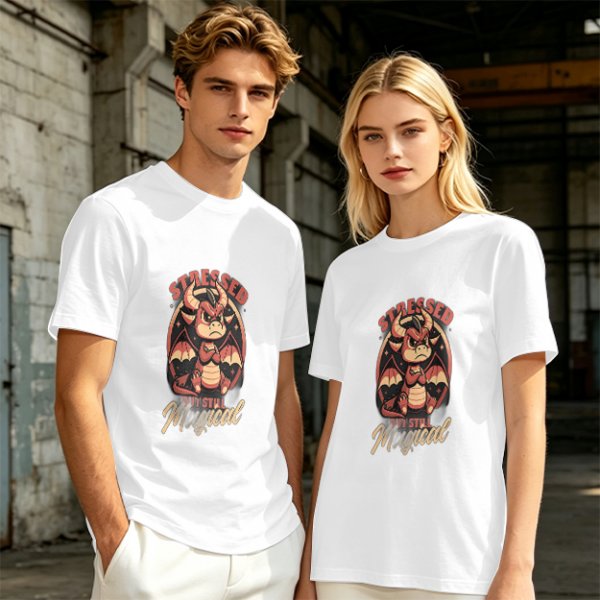 Olive graphic t-shirt with stressed but still magical dragon print