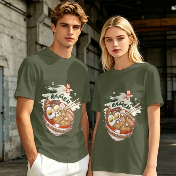 Olive Green T-Shirt With Ramen Bowl Graphic Print