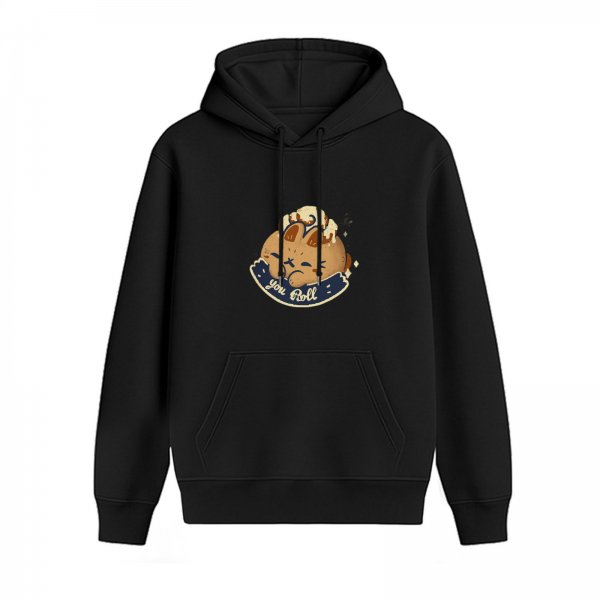 Black hoodie with cute cinnamon bun graphic and you roll text
