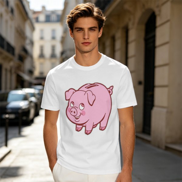 Olive Green T-Shirt With Cute Pink Piggy Bank Graphic Print