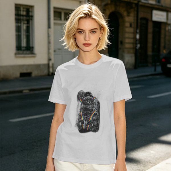 Olive T-Shirt With Astronaut Cat And Rainbow Accent Print