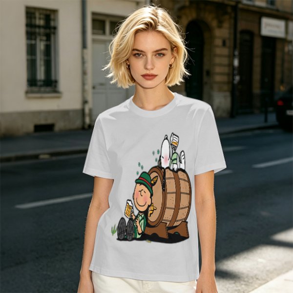 Olive T-Shirt with Charlie Brown and Snoopy at Oktoberfest Beer Barrel