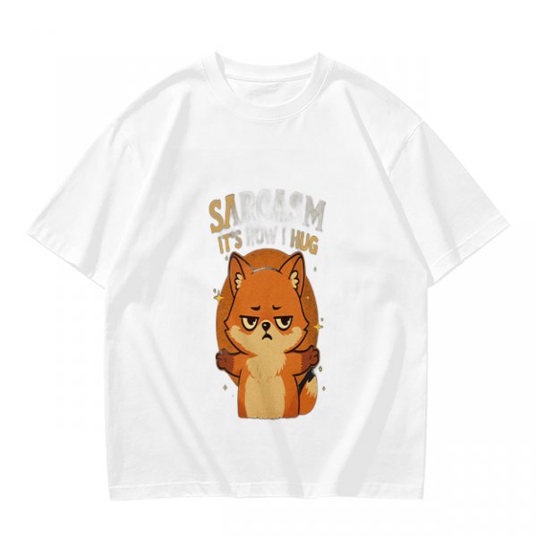Olive green t-shirt with grumpy fox offering a hug graphic