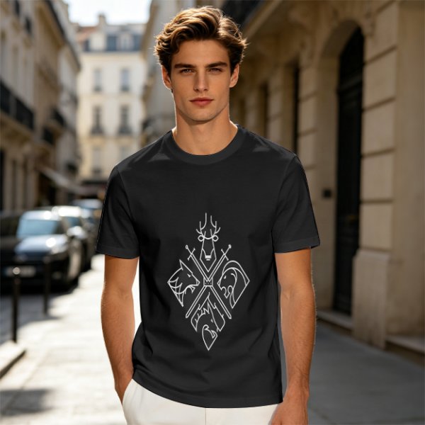Olive T-Shirt With Four Animal Crest Graphic Design