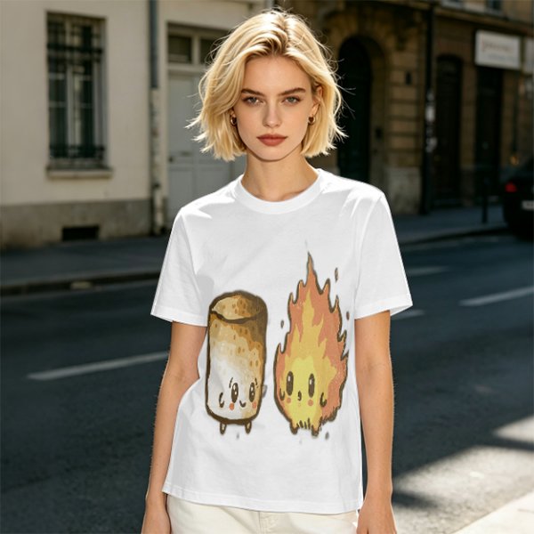 Olive T-Shirt With Cute Roasted Marshmallow And Fire Graphic