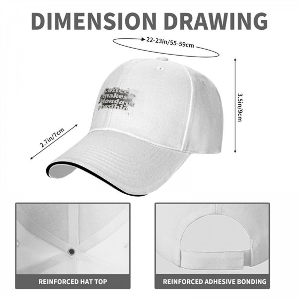 Black baseball cap with 'Coffee makes Mondays possible' print