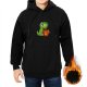 Black hoodie with cute green dinosaur holding coffee mug graphic