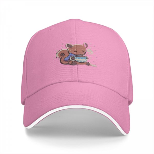 Black baseball cap with cute squirrel holding a steaming tea cup