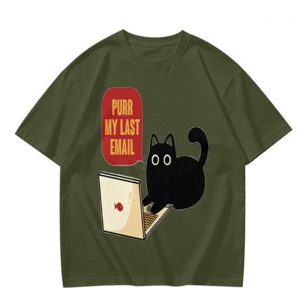 Black cat typing on laptop with 'Purr My Last Email' graphic t-shirt