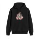 Black hoodie with sleeping cat in potion bottle surrounded by pink cherry blossoms