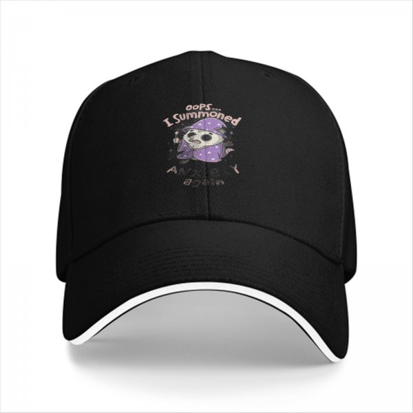 Black baseball cap with oops I summoned anxiety again wizard sloth print