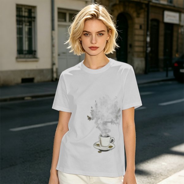 Olive Green T-Shirt with Steaming Coffee Cup Print