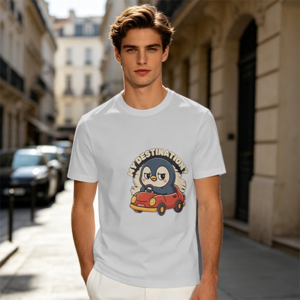 Olive T-Shirt With Cartoon Penguin Driving Car 'My Destination?' Print