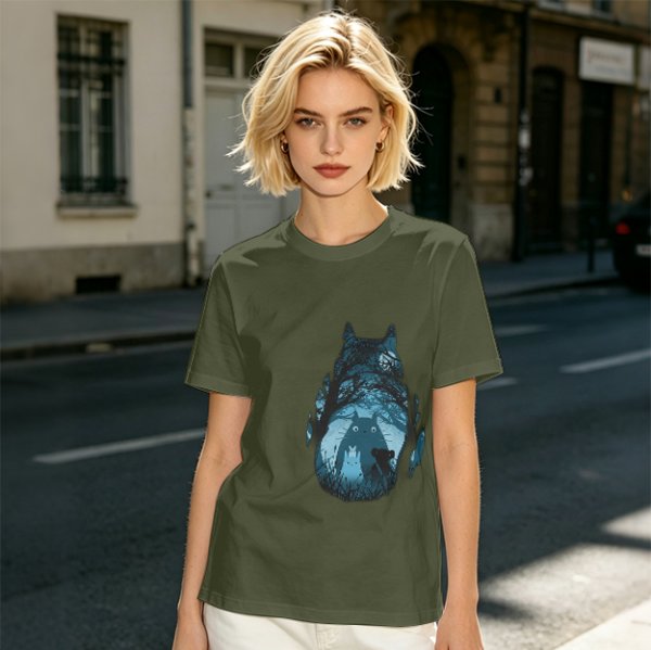Olive T-shirt with Totoro Forest Silhouette Graphic Print