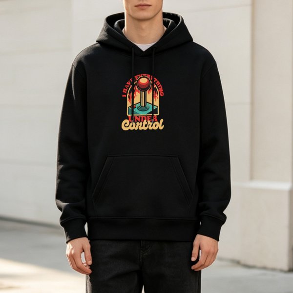 Black hoodie with retro arcade joystick 'I Have Everything Under Control' print